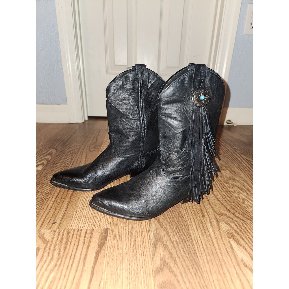Vintage Cat's Paw Fringed Leather Cowgirl Boots With Metal and Turquoise Accents